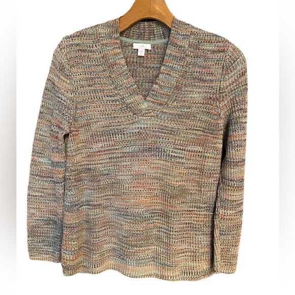 J. Jill Sz XSP Green Pink Marled Cotton Knit V-Neck Boxy Relaxed Cozy Sweater - Picture 1 of 8